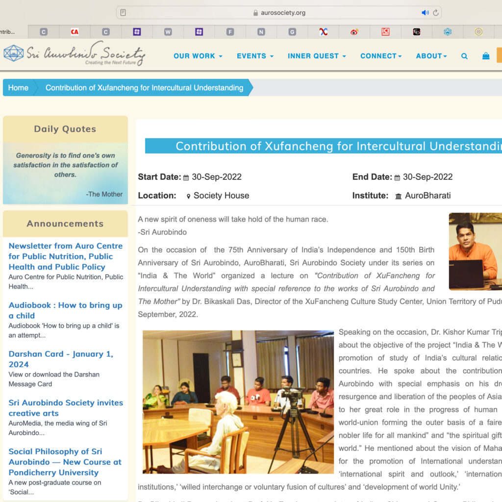 Contribution of Xufancheng for Intercultural Understanding 30-Sep-2022 Sri Aurobindo Society ,Pondicherry